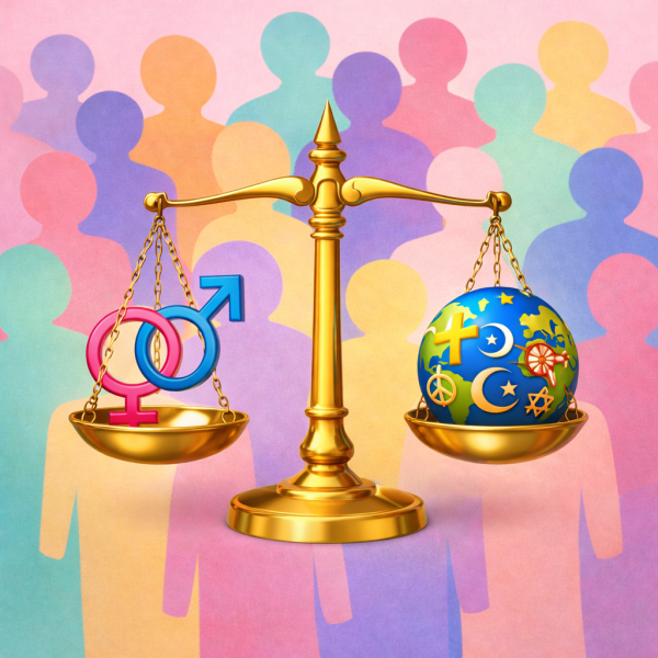 Golden scales of justice balancing over diverse multicolored human silhouettes